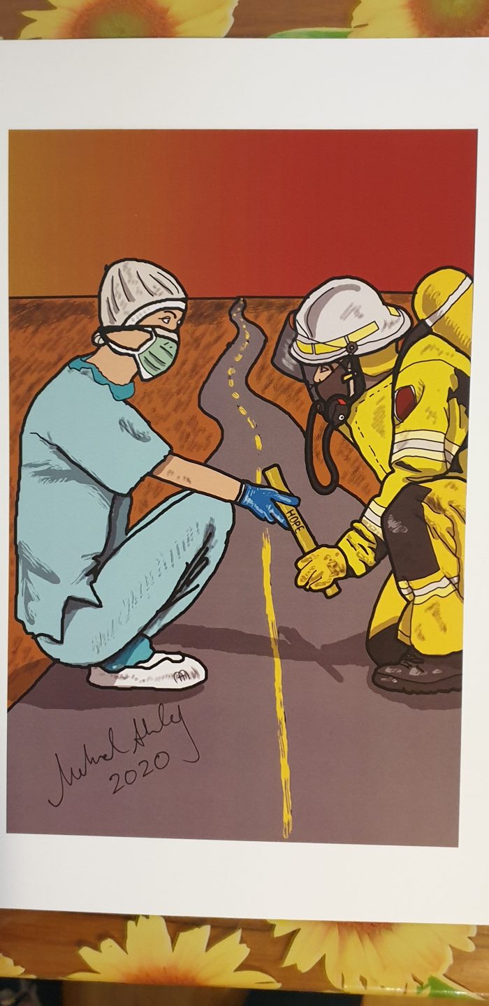 Illustration of nurse and fire fighter standing on a road, passing a hope yellow stick with hope written on it.   