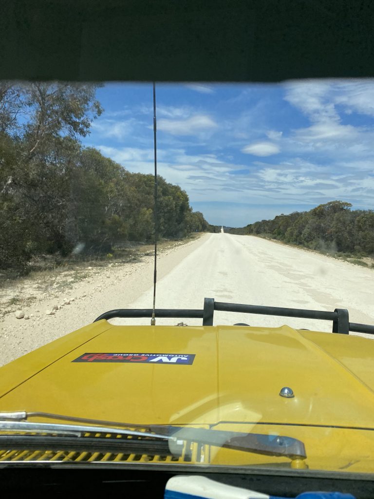 A photo taken from inside a car looking out the windscreen to a dirt road. The car bonnet is yellow and the dirt road is lined with Australian bush land.