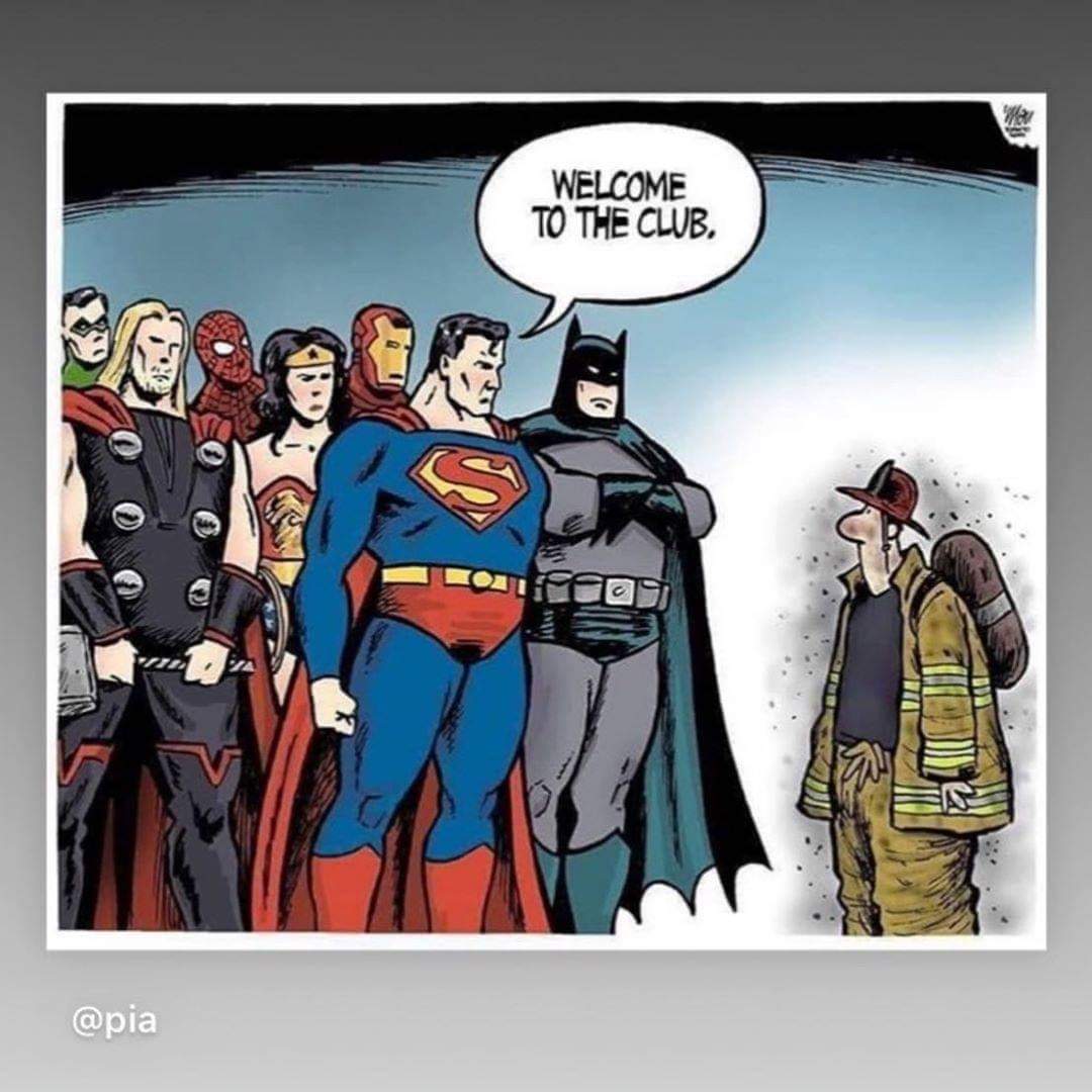 Cartoon of various superheroes saying 'Welcome to the Club' to a firefighter.