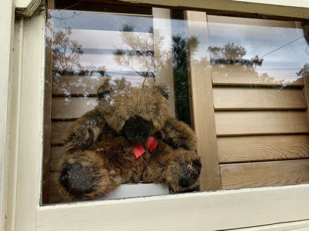 A small brown toy bear sitting in a window behind the glass.