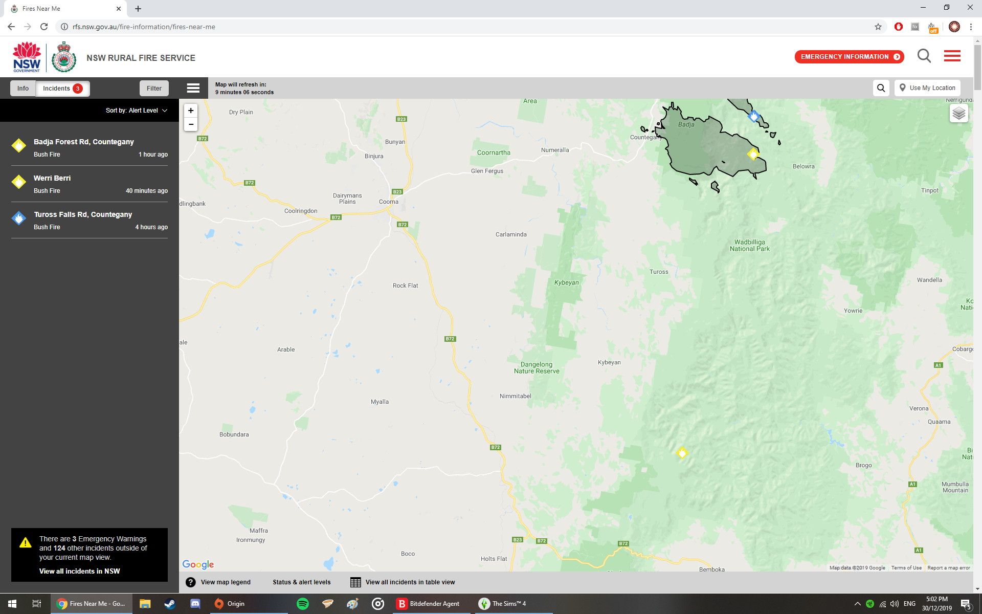 Screenshot of the NSW RFS website. Shows fire affected area over Wadbilliga national and surrounding towns. 