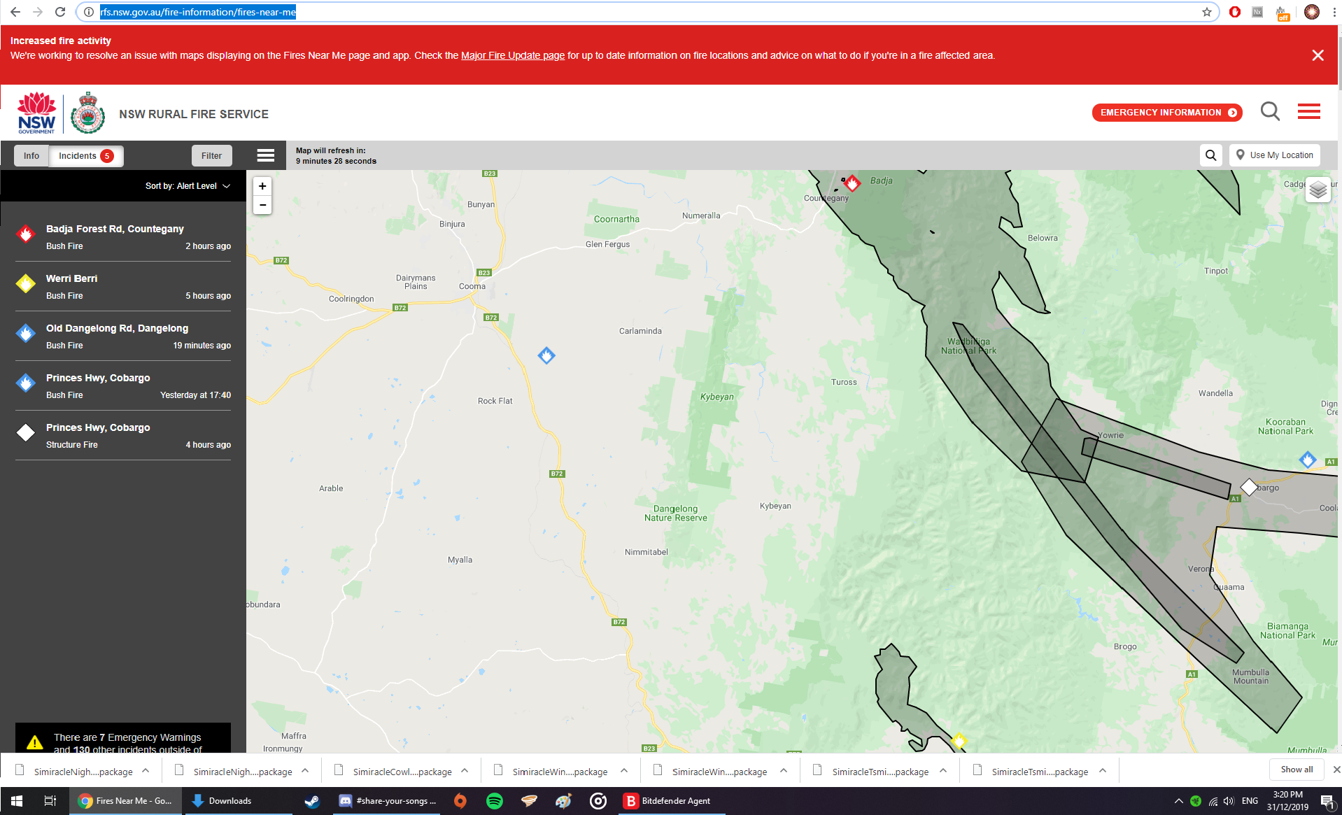 Screenshot of the NSW RFS website. Shows fire affected area over Wadbilliga national and surrounding towns. 