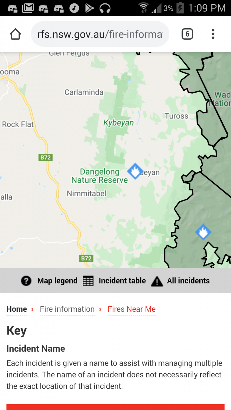 Screenshot of the NSW RFS website. Indicates bush fires affected area approaching Tuross. 