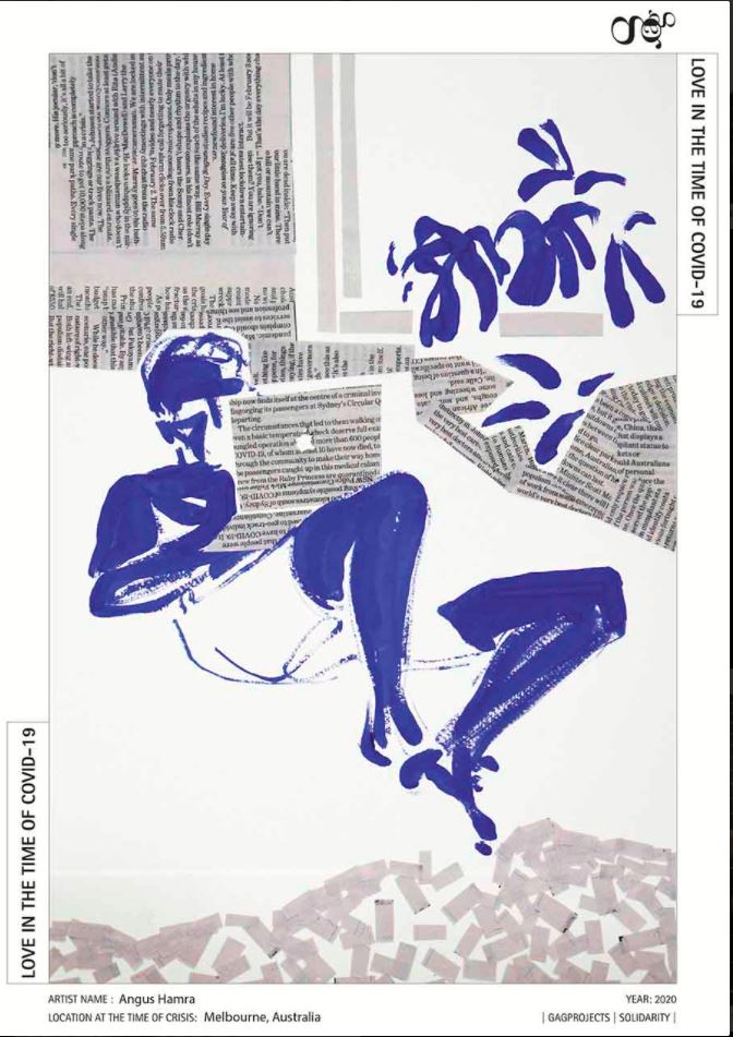 A reclining figure is painted simply in blue paint. The figure is watching a laptop, which is created from a collage of newspaper clippings. The figure sits within an interior simply suggested through an arrangement of newspaper clippings, which refer to COVID-19. 