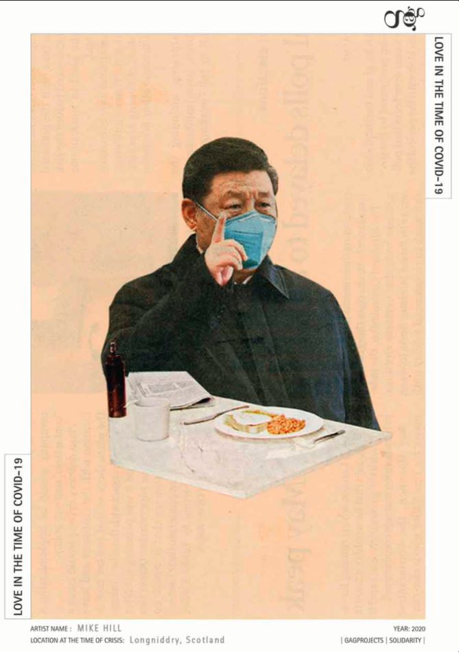 Xi Jinping is presented wearing a blue surgical mask, and sits improbably in front of a cooked breakfast and a newspaper. The image is set onto a peach coloured background. 