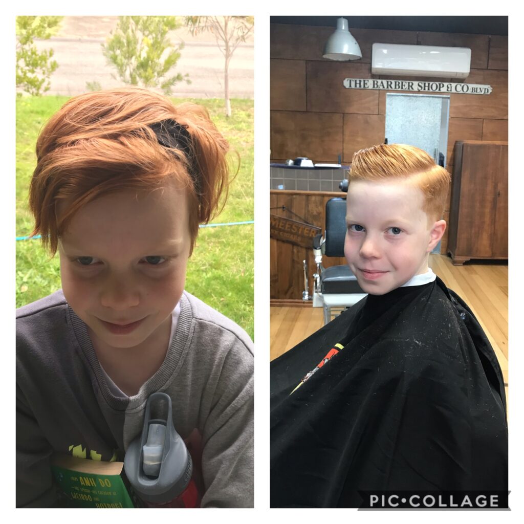 A slpit screen of a young person with long grown our hair on the left and in the barber chair on the right with a recent haircut.