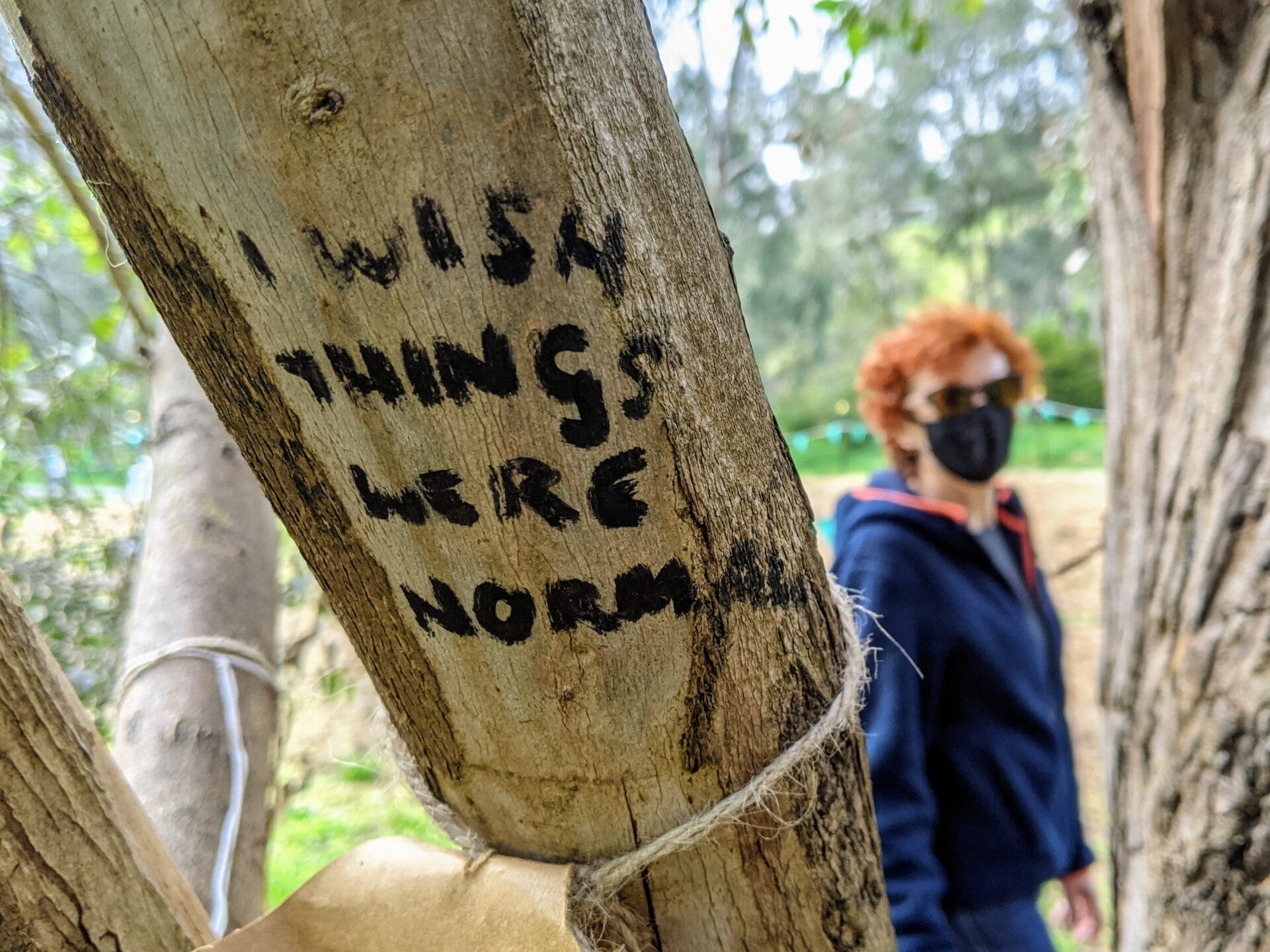 Writing on tree trunk reads 'wish things were normal'. A person wearing a face mask in the background. 