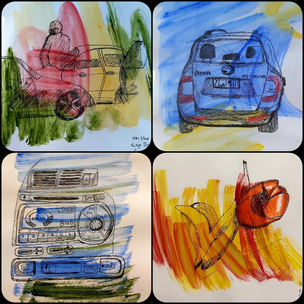four colourful sketches. two of the exteriors of cars. one of the dashboard of a car, and one of banana and mandarin skins.