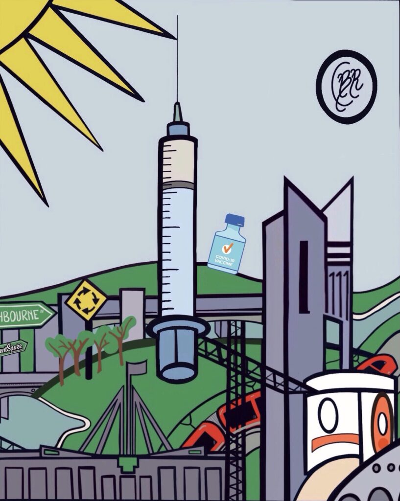 A digital illustration of Canberra lankdmarks inlcuding the National Carillon, Parliament House, and bus shelters and in the centre is a vaccine needle.
