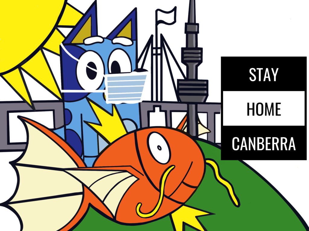 Masked Bluey and Magikarp with standing outside Parliament House  and Telstra Tower
