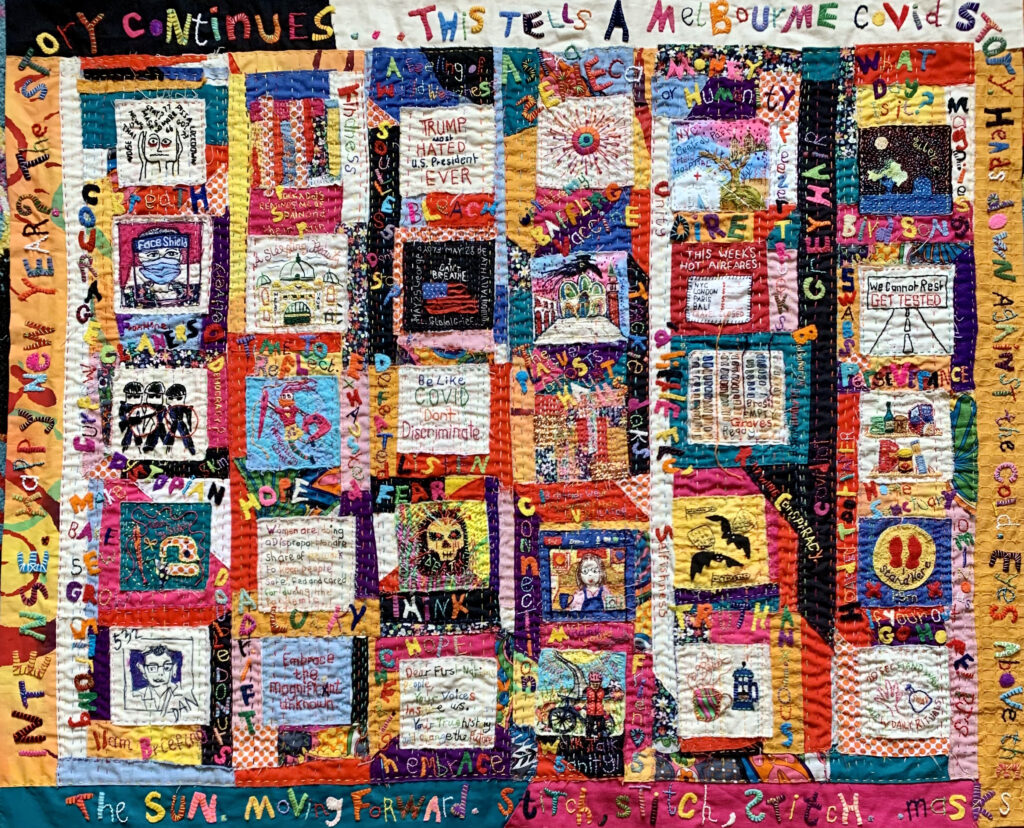 A hand stitched quilt with 30 unique squares in bright colours. 