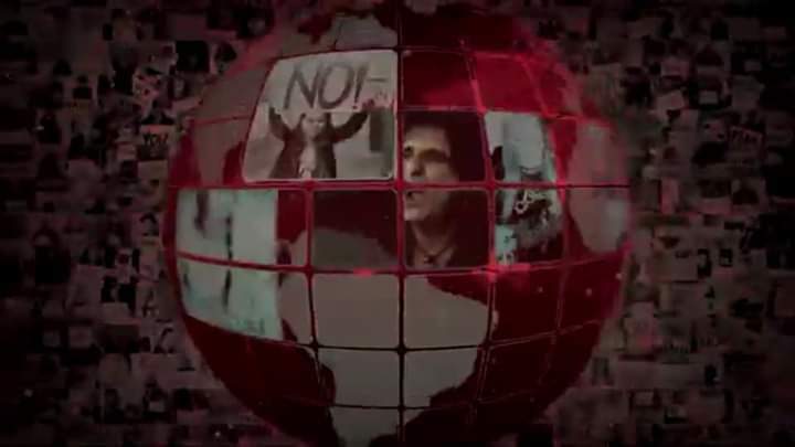 Red globe featuring Alice Cooper and a girl holding a 'No!' sign