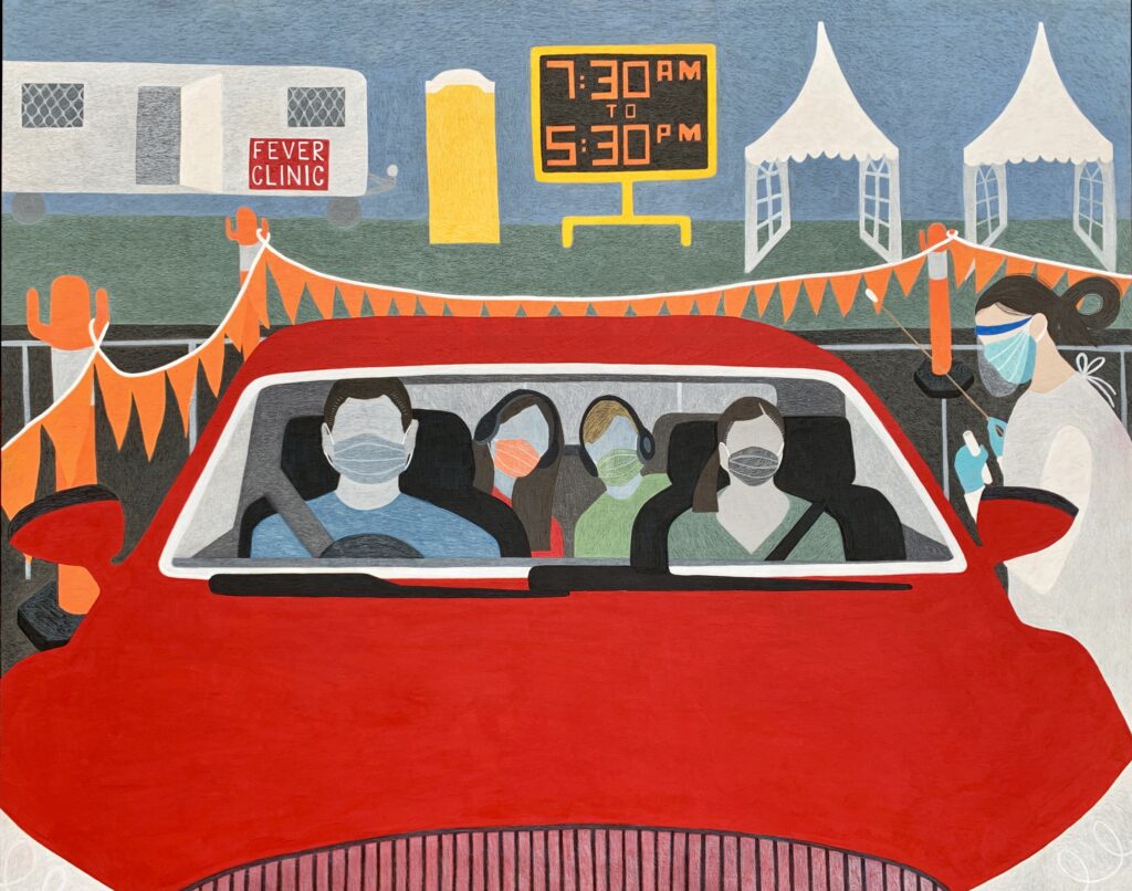 an illustration of 4 people in a red car - the passenger is receiveing a covid test from a nurse standing by the window