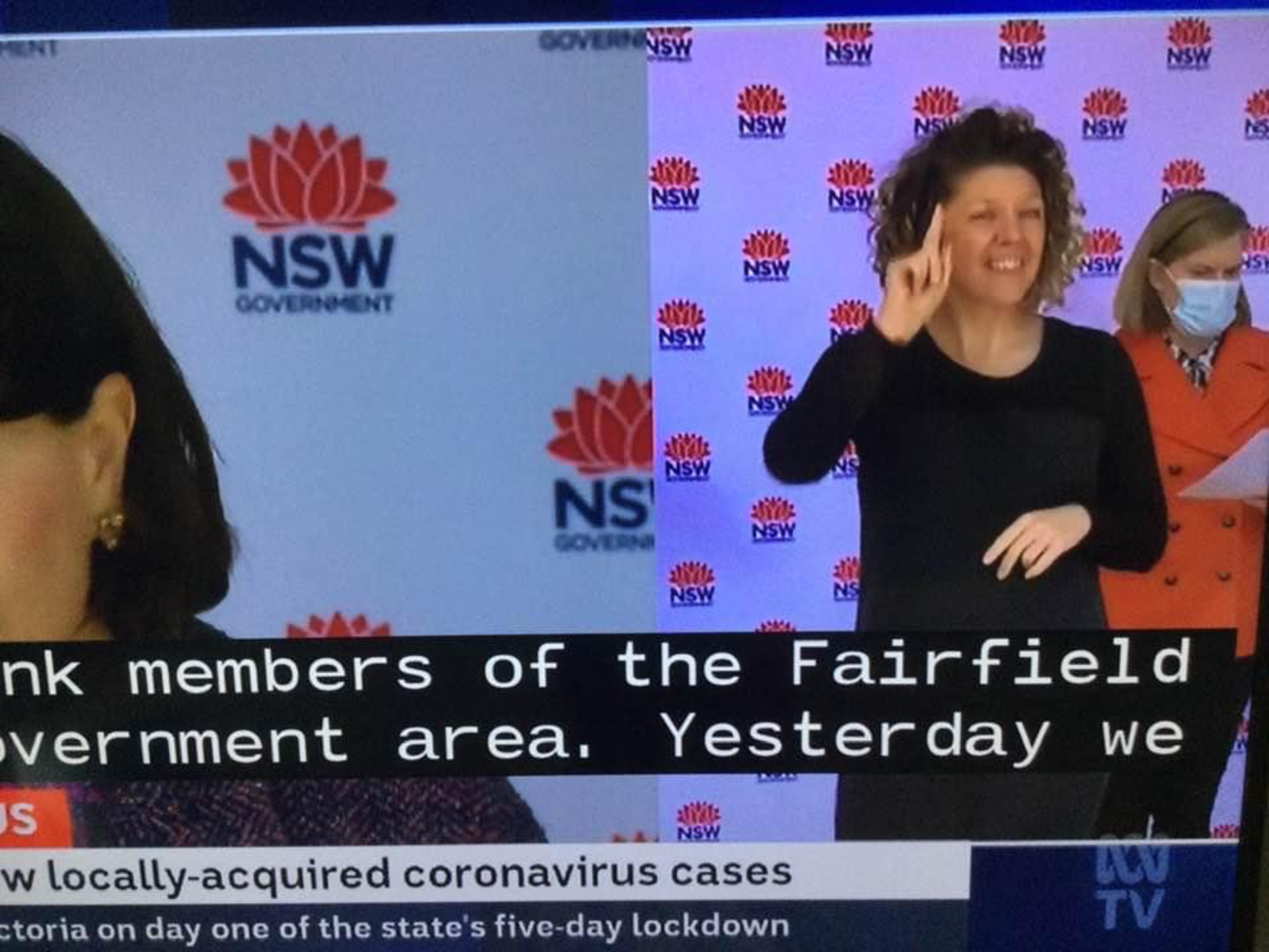 Photo shows, for the first time Deaf Community Auslan users accessing State and Federal Pandemic messages 2020 -2021. The Deaf Community lobbied for this access and was successful in understanding emergency addresses via Auslan interpreters beside the Premier's Address around the Nation each morning at 11.00 am on Free TV .