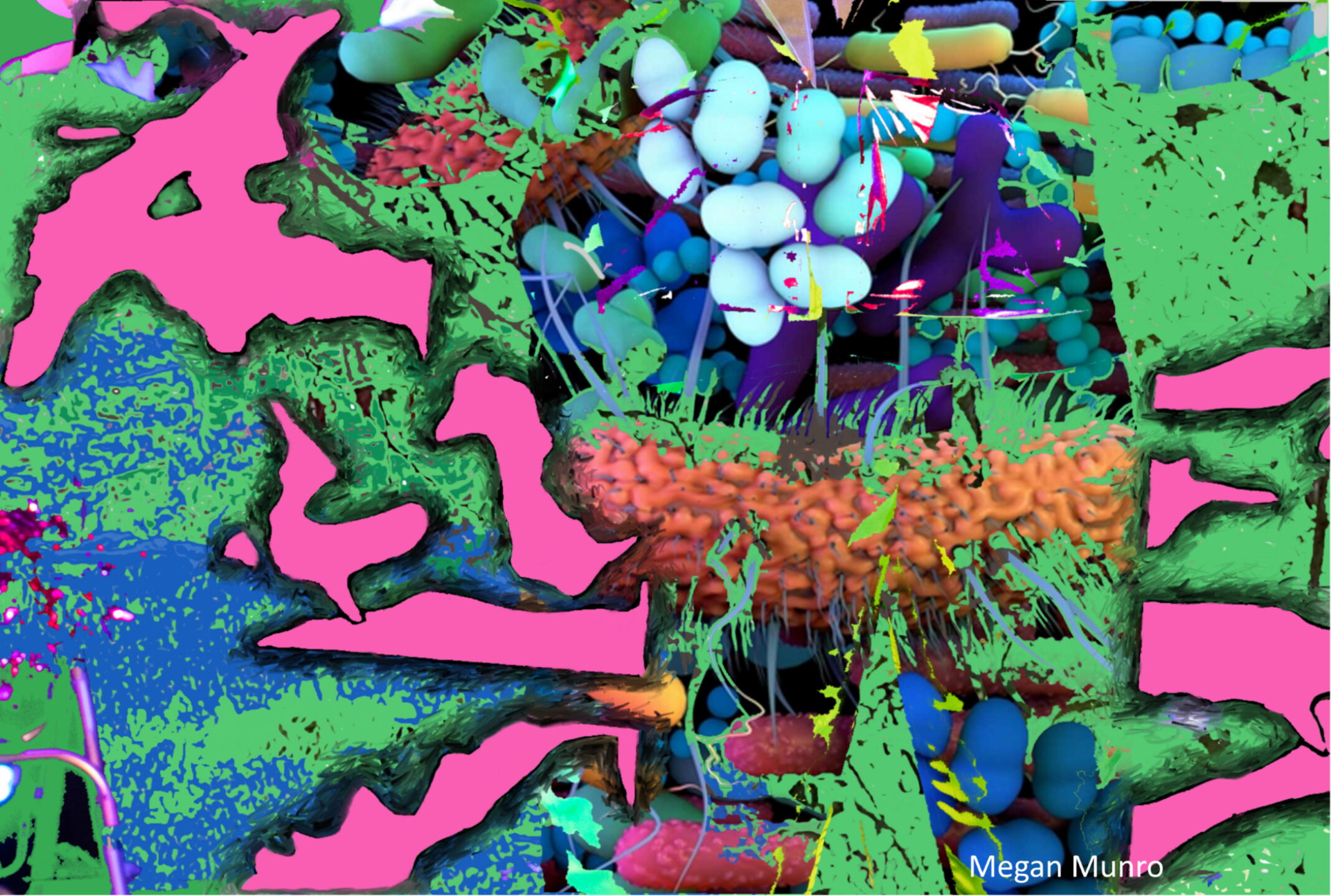 Digital artwork in hot pink and shades of green and blue featuring brightly coloured shapes and images.