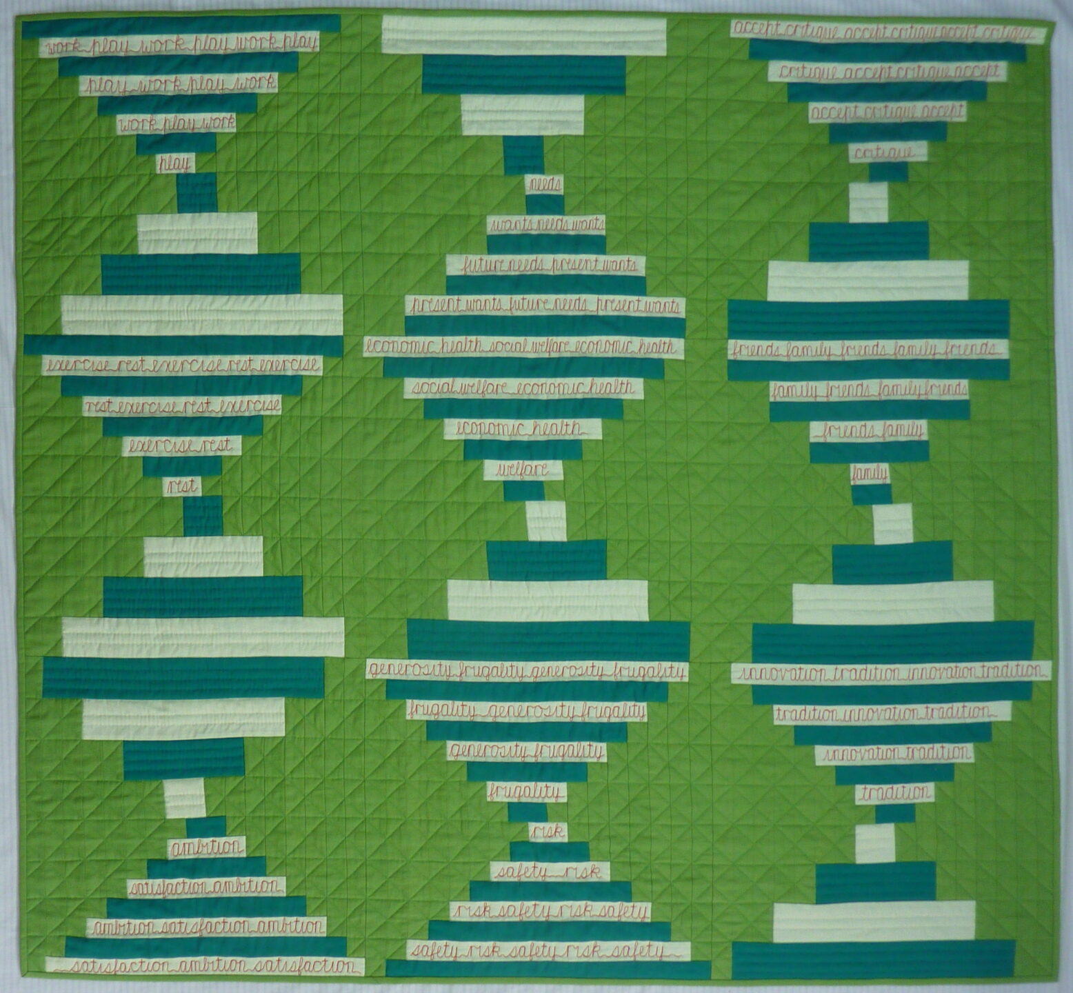 A green quilt with diamond patterns