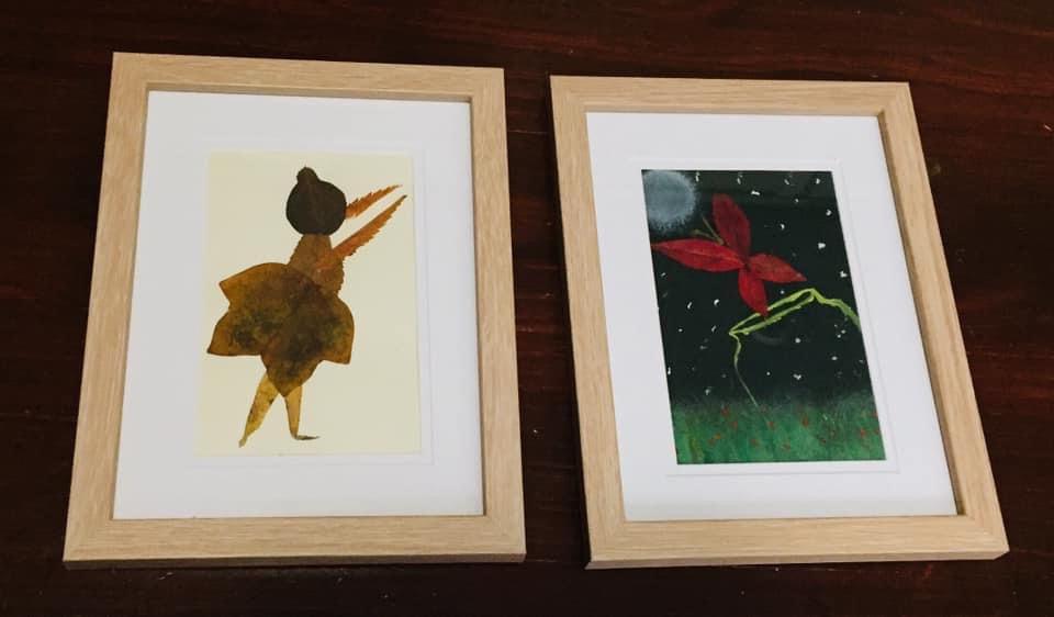 two artworks made of leaves - one is a ballerina and the other is a butterfly