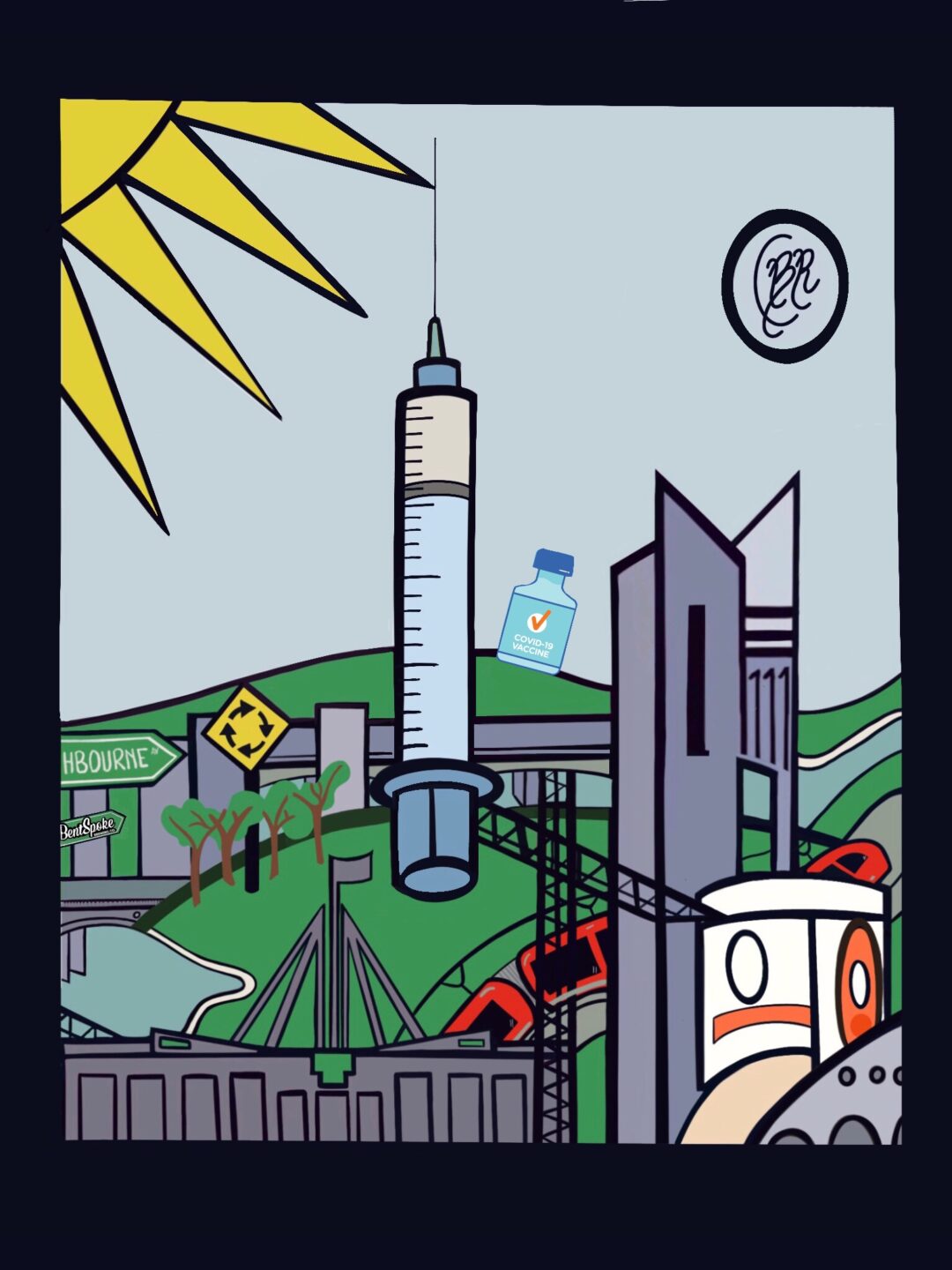 An illustration of a syringe surrounded by Canberra icons including parliament house and the national carillon