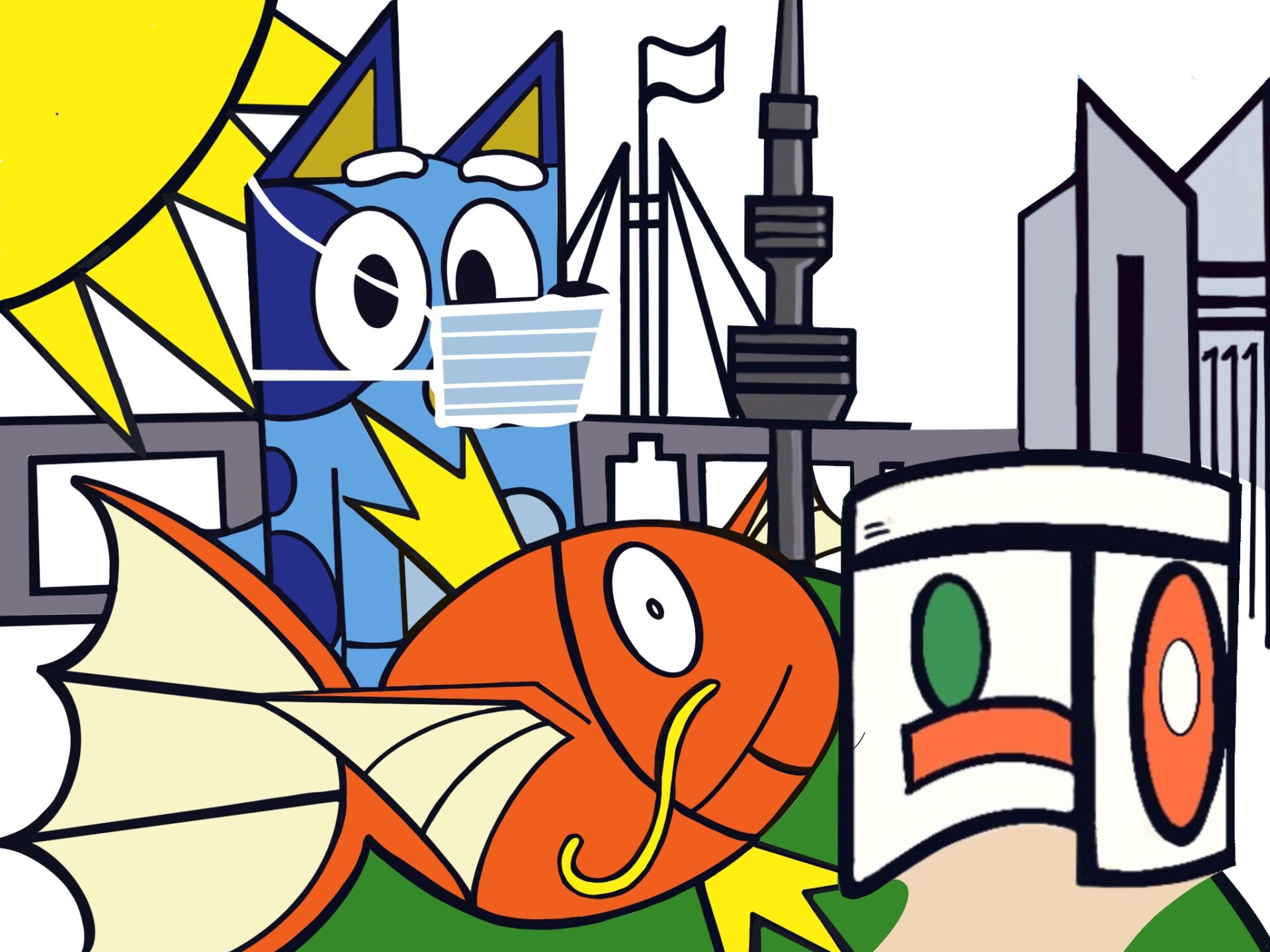 an illustration of cartoon character bluey in a mask alongside Canberra icons including telstra tower and a canberra bus shelter