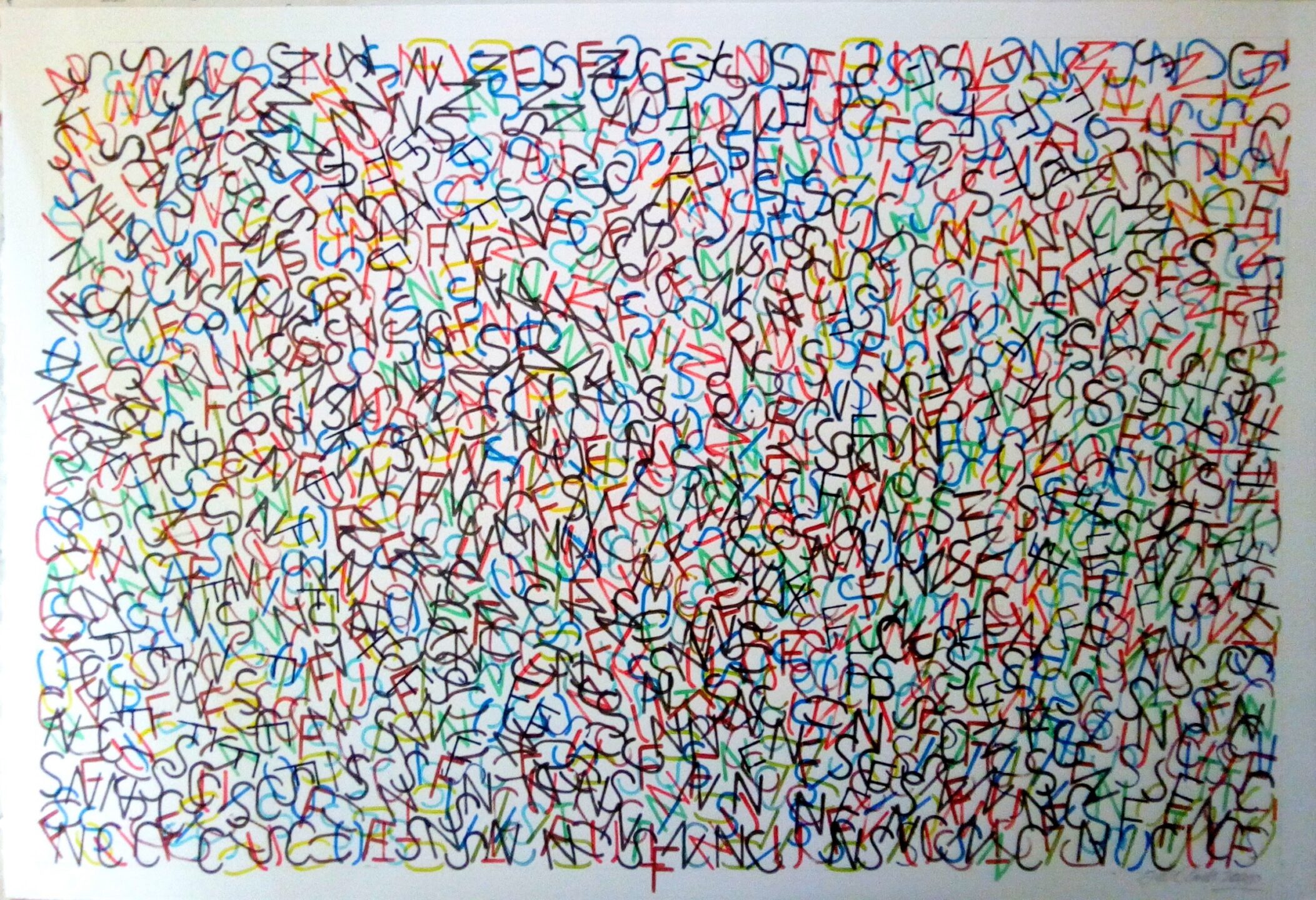 A colourful artwork on white paper created by stencilling words