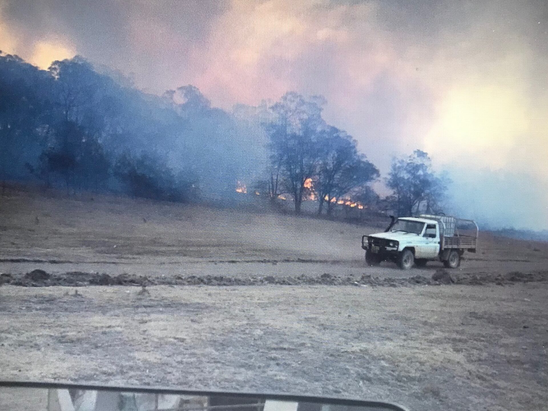 a smoke plume over trees in a paddock with a ute parked in the foreground
